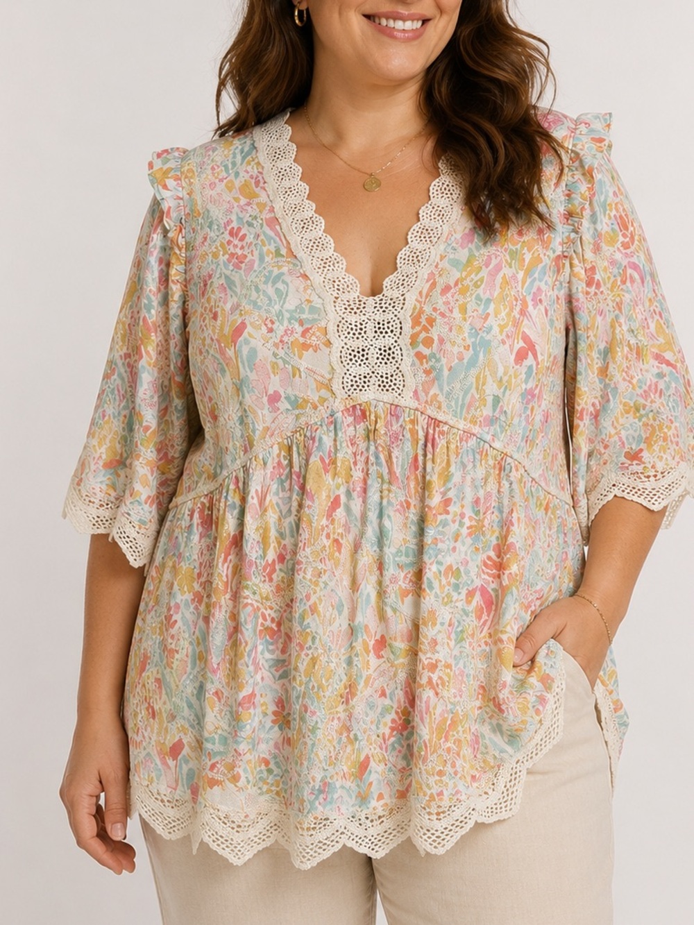a Democracy Clothing boho floral lace-trim woven top xl